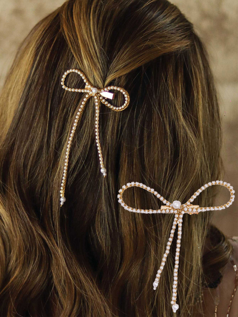 HAIR DRAMA CO. Hair Drama Co. Women Gold-Toned Pearl Embellished Bow Alligator Clip